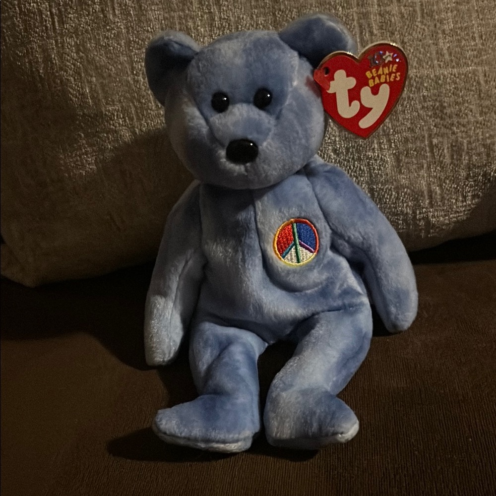 Blue Beanie Babies Bear with Peace Symbol